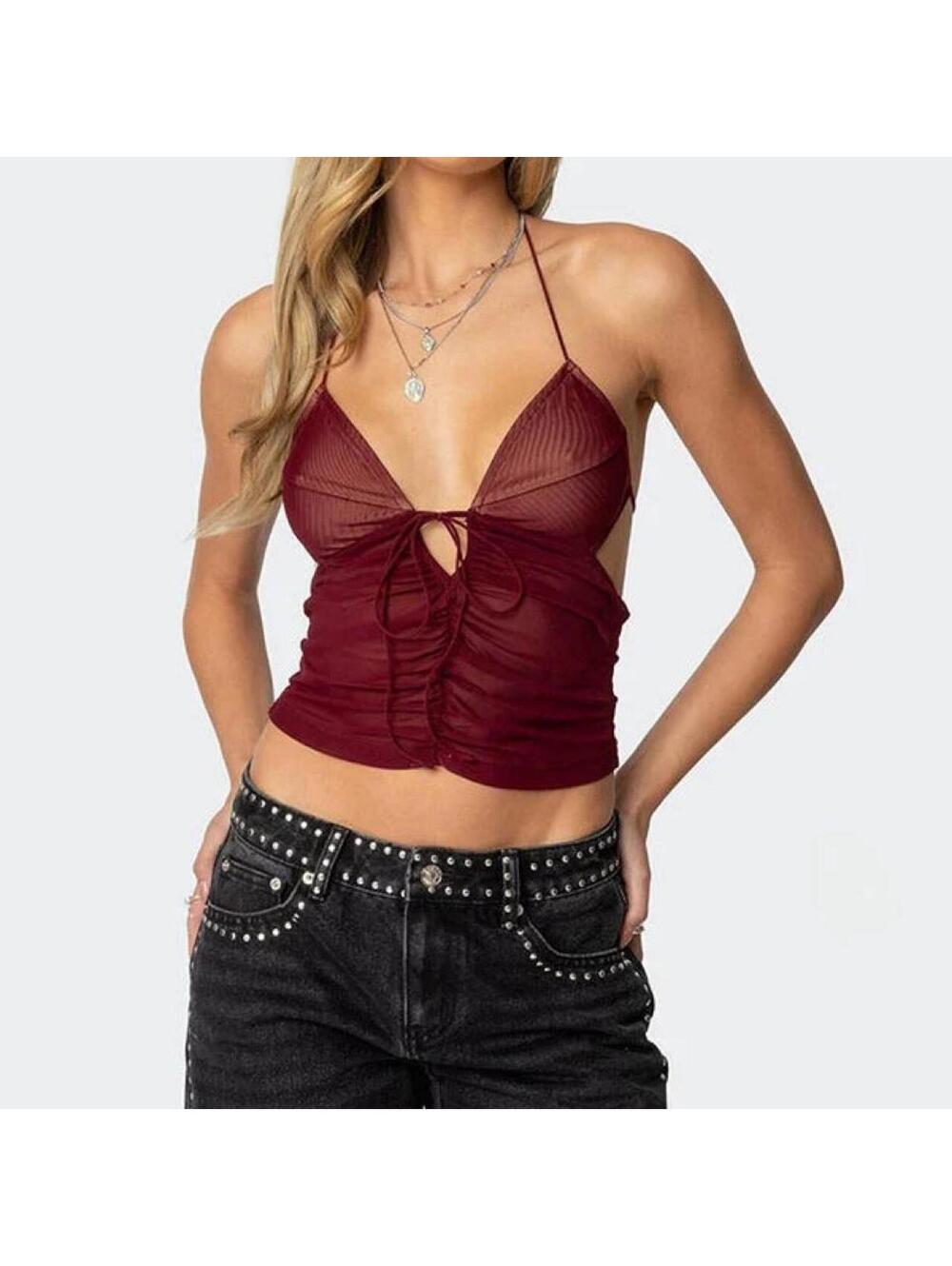 burgundy Edikted Strappy Ruched Mesh Top